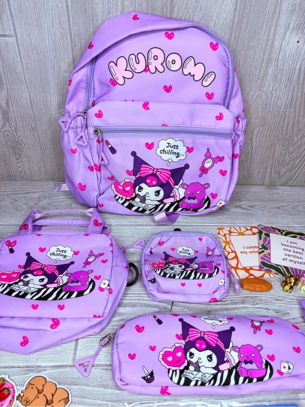 Kuromi backpack bundle , croc charms , keychain , stickers , pen , dragons bags